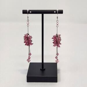 Pink Seed Bead Cluster Dangle Drop Hook Earrings Silver Tone Chain Tassel